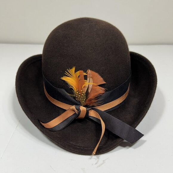 Vtg Lancaster Hat Brown Swagger Felt 100% Wool Slopping Brim Fedora Hat Feather main image 9